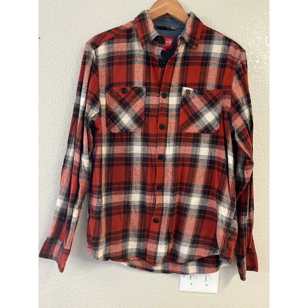Coleman Mens Plaid Flannel Shirt Orange Black White Cotton Button Down M